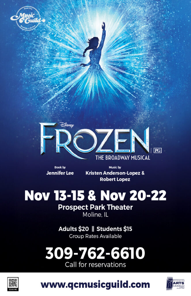 The image features the title of the show, "Disney Frozen The Broadway Musical," with the word "Frozen" stylized in icy, crystalline letters. A silhouette of a woman, presumably Queen Elsa, is shown at the center, surrounded by a burst of light and sparkling snow, with one arm outstretched as if casting a spell. This is a common promotional image used for the stage production.