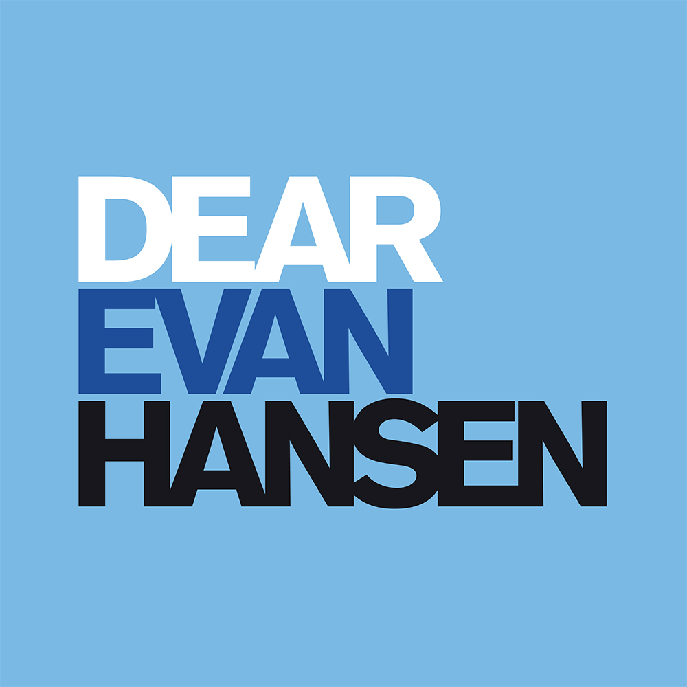 Logo for the musical Dear Evan Hansen featuring stacked, bold text in white, dark blue, and black on a light blue background.
